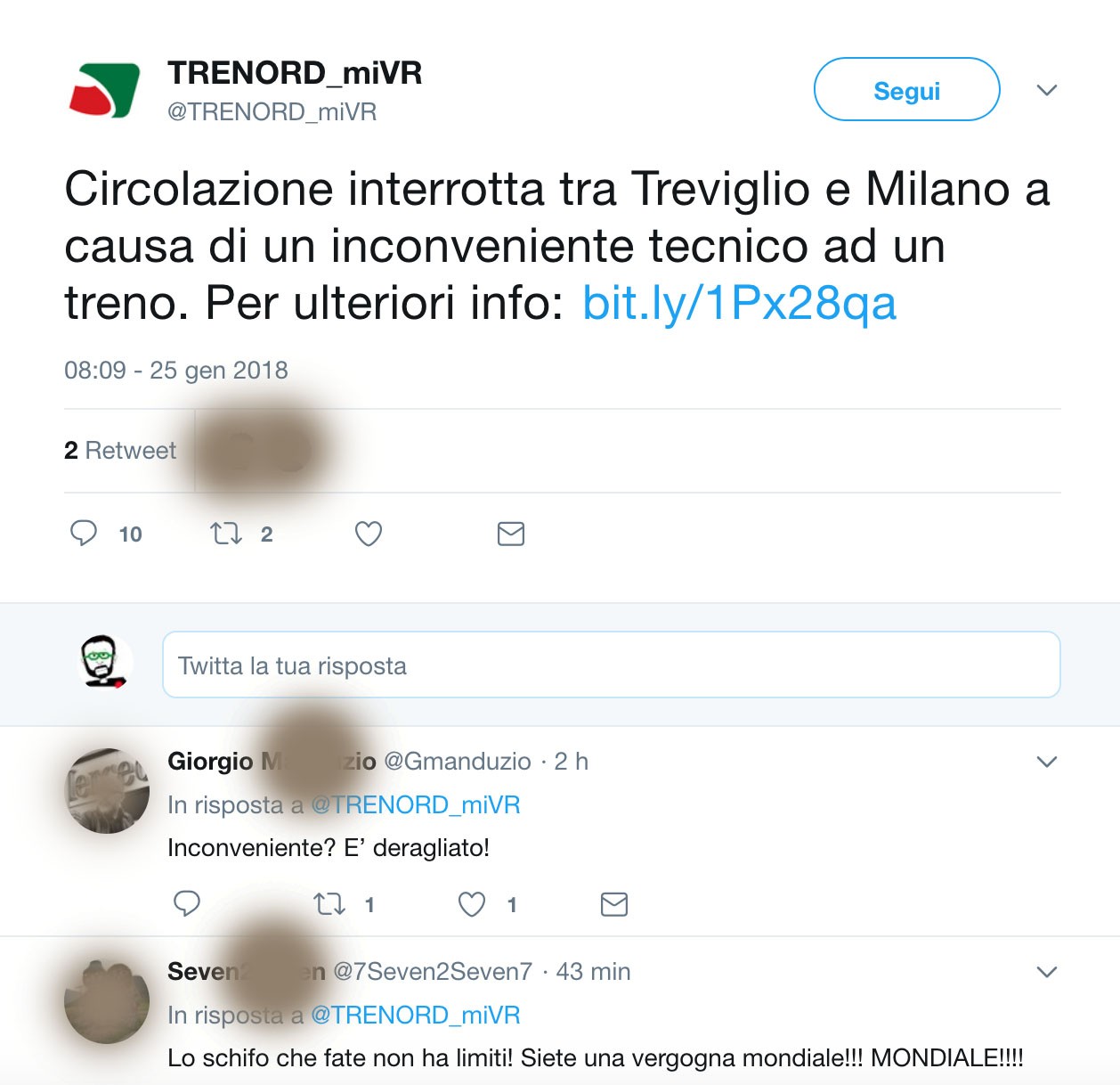 Il post di Trenord su Twitter, è polemica