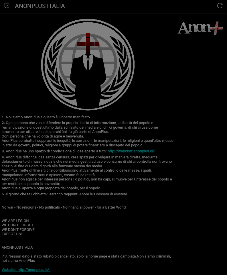 Le pagine hackerate con il messaggio di Anonplus Italia