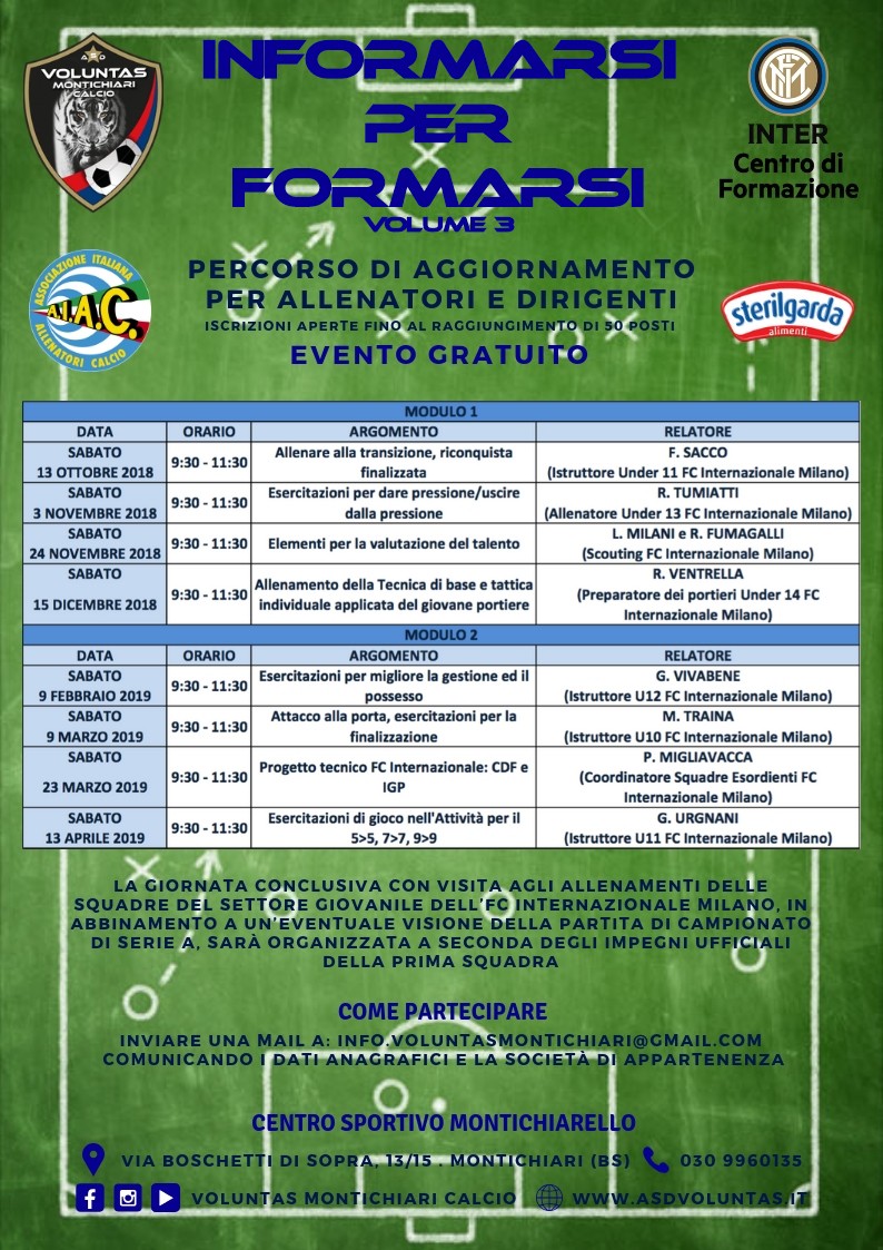 Il programma con il corso tenuto dagli allenatori dell'Inter a Montichiari