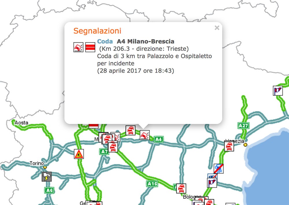 Incidente sulla A4: code chilometriche sulla A4 verso Venezia