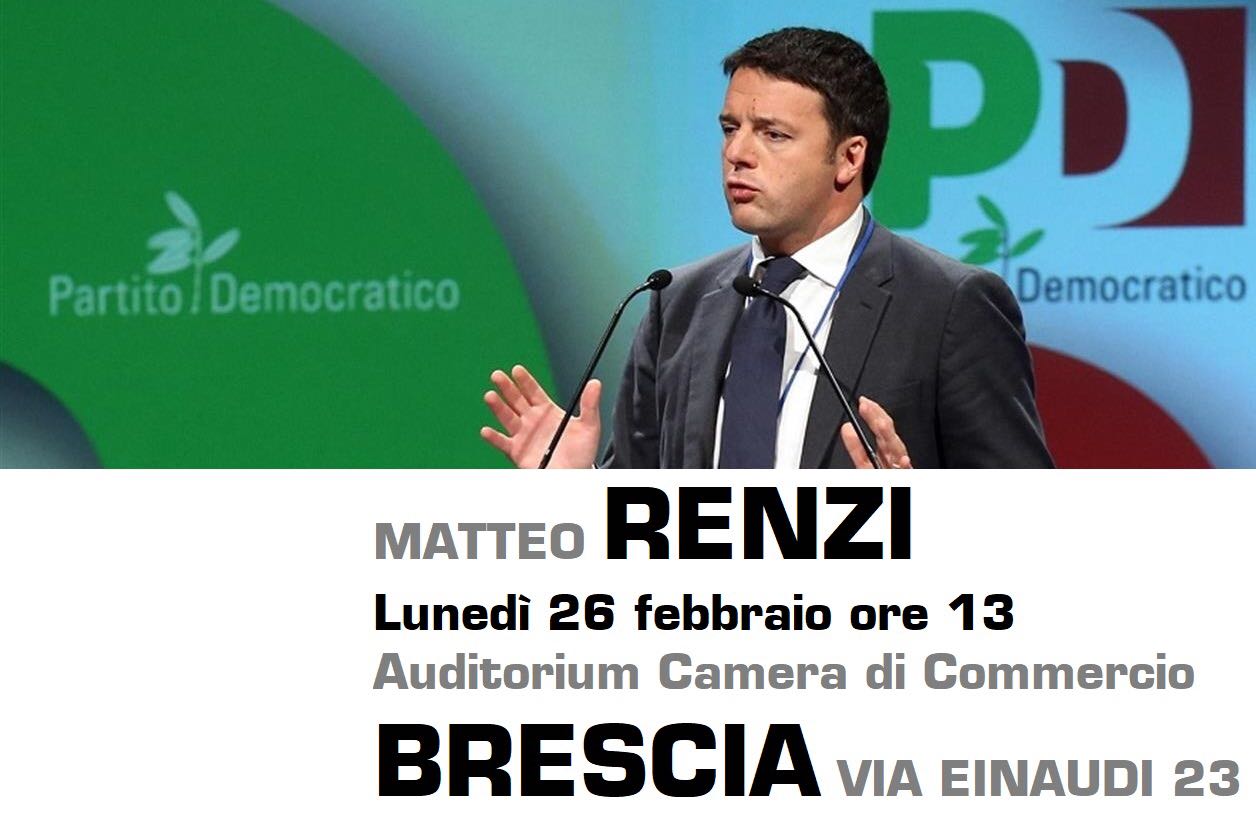 Brescia, lunedì arriva il leader del Pd Matteo Renzi