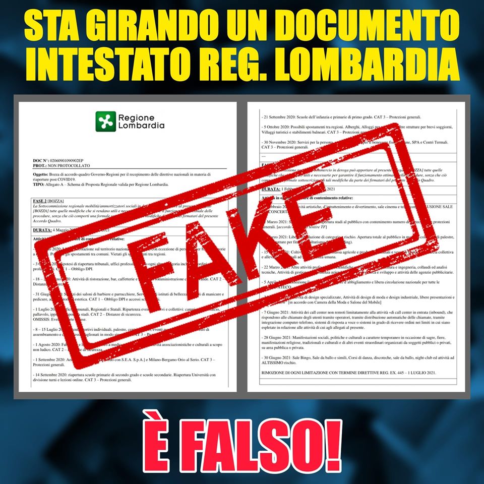 CORONAVIRUS, attenti alla fake news della fase 2 in Regione Lombardia