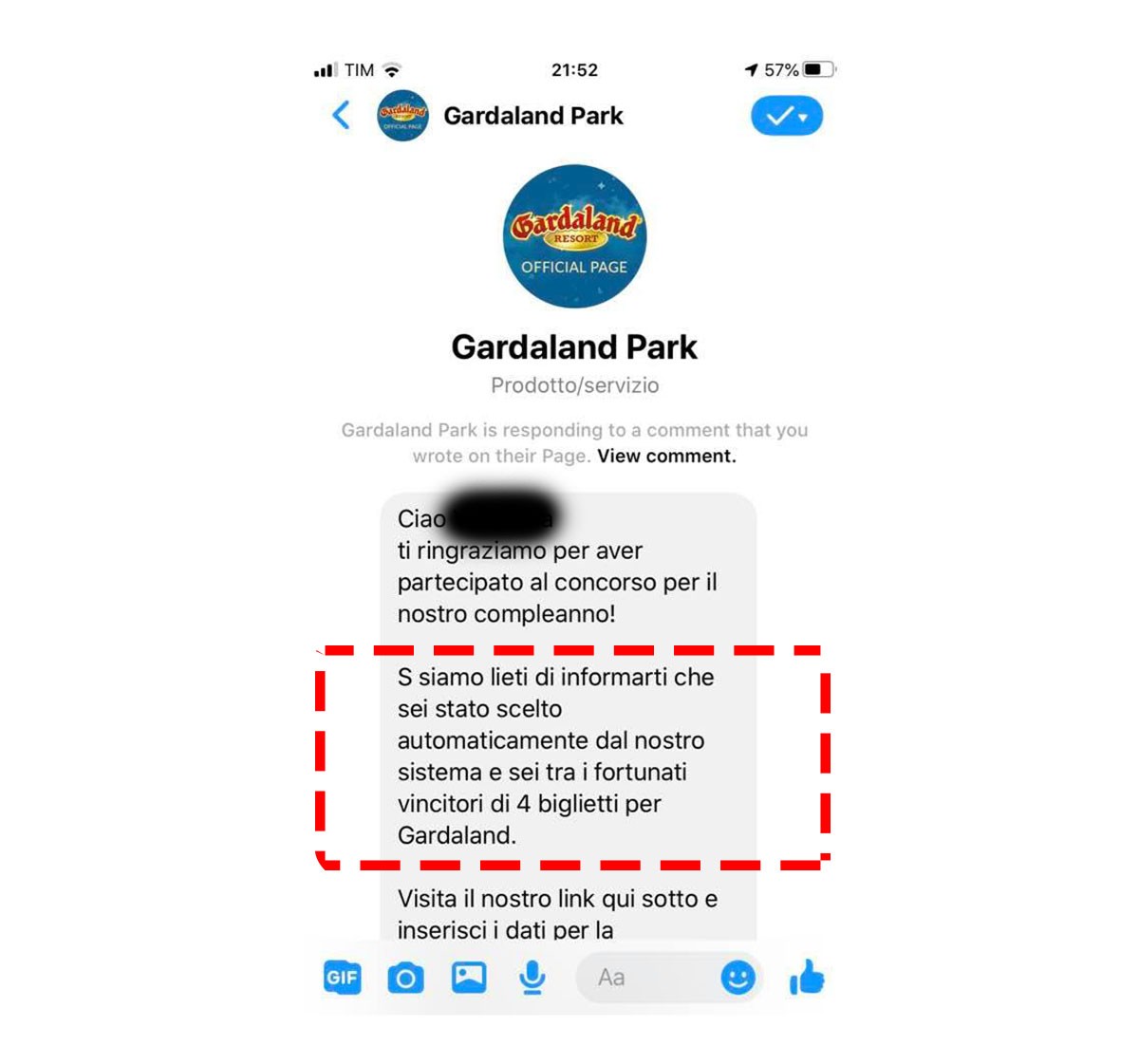 ⚠️  Attenzione al finto messaggio Facebook di Gardaland: è una truffa da 50 euro al mese