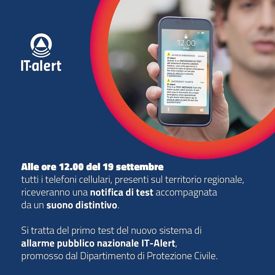 ▼ Promemoria: domani (martedì 19) su tutti i cellulari arriva l’IT-ALERT