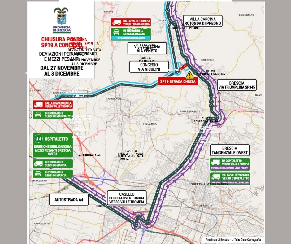 ▼ Sp19 Concesio-Ospitaletto-Capriano: sarà chiusa dal 27 novembre al 3 dicembre per lavori