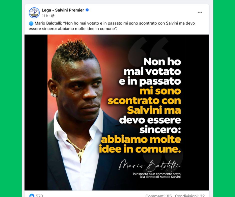 ▼ Europee, Mario Balotelli elogia a sorpresa Salvini: “Abbiamo molte idee in comune”